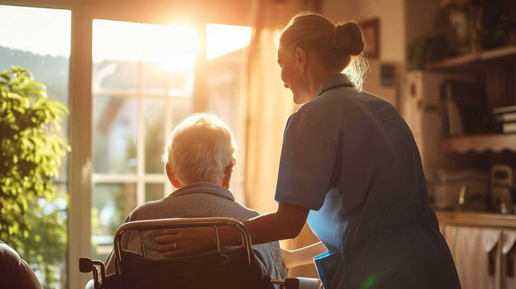 Older adult using a walker beside a well-lit bed with a clear path and bathroom grab bars nearby.