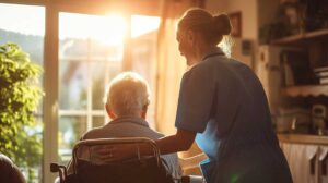 Older adult using a walker beside a well-lit bed with a clear path and bathroom grab bars nearby.